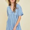Washed Denim Chambray Mini Dress Flowy A Line